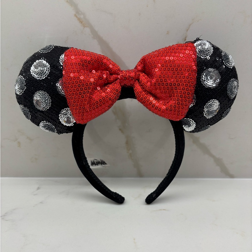 Disney Parks Black Silver Polka Dot Red Bow Sequin Minnie Mouse Ears Headband